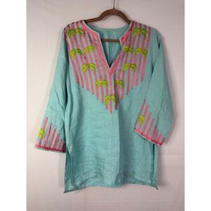 Barbara Gerwit Linen Tunic Medium Blue Pink Palm Tree Embroidered Good Tunic